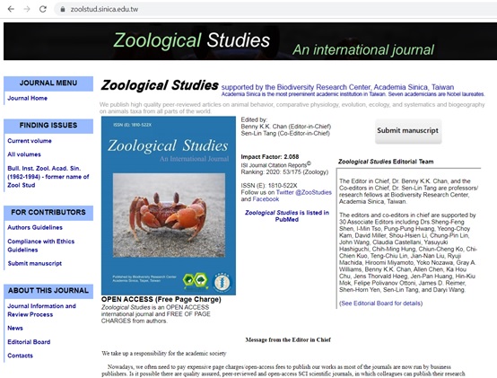 Zoological Studies Has Its Record High Impact Factor